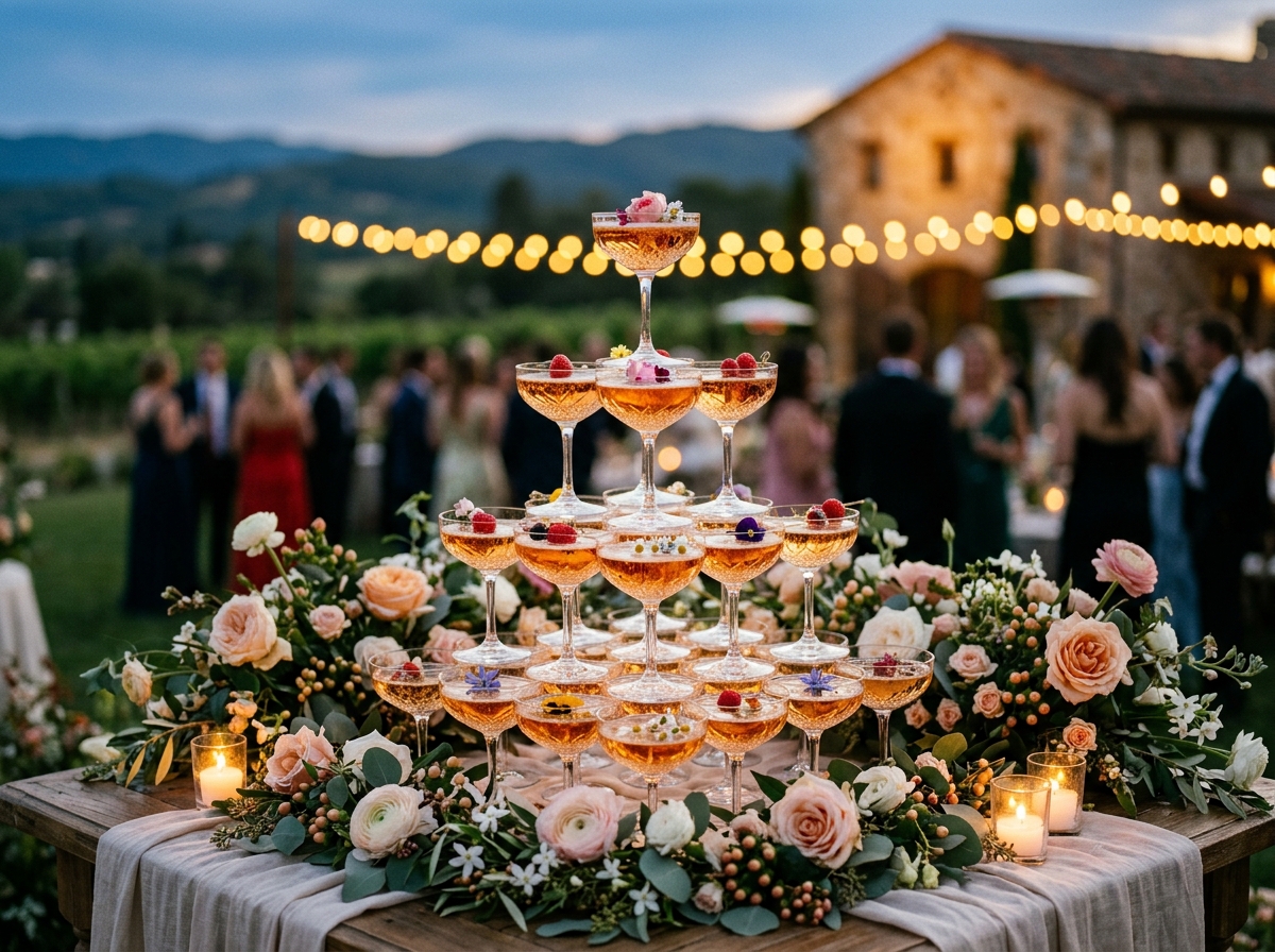 Celebratory crystal champagne coupe tower garnished with flowers at dusk