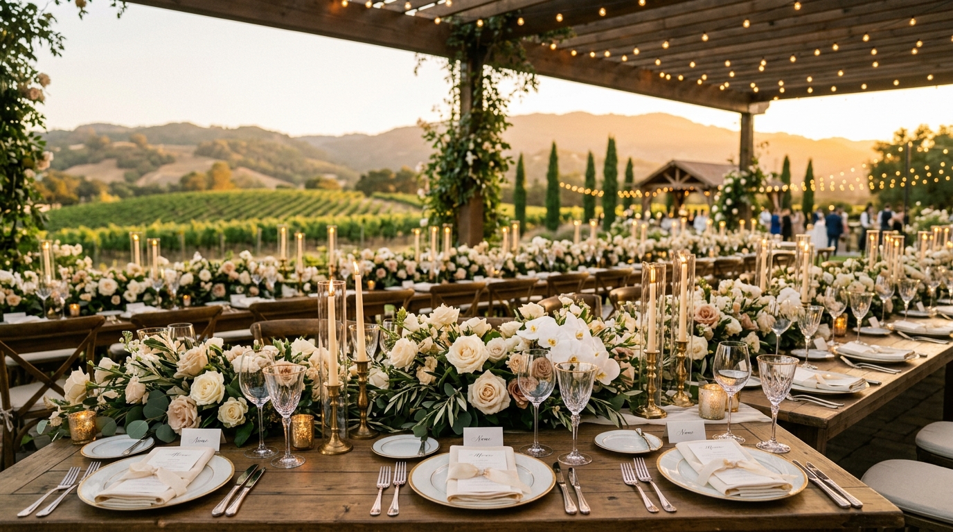 Bespoke wedding banquet table styled at California vineyard