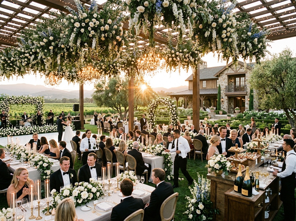 Grand celebration reception under lush floral chandeliers at wine country estate