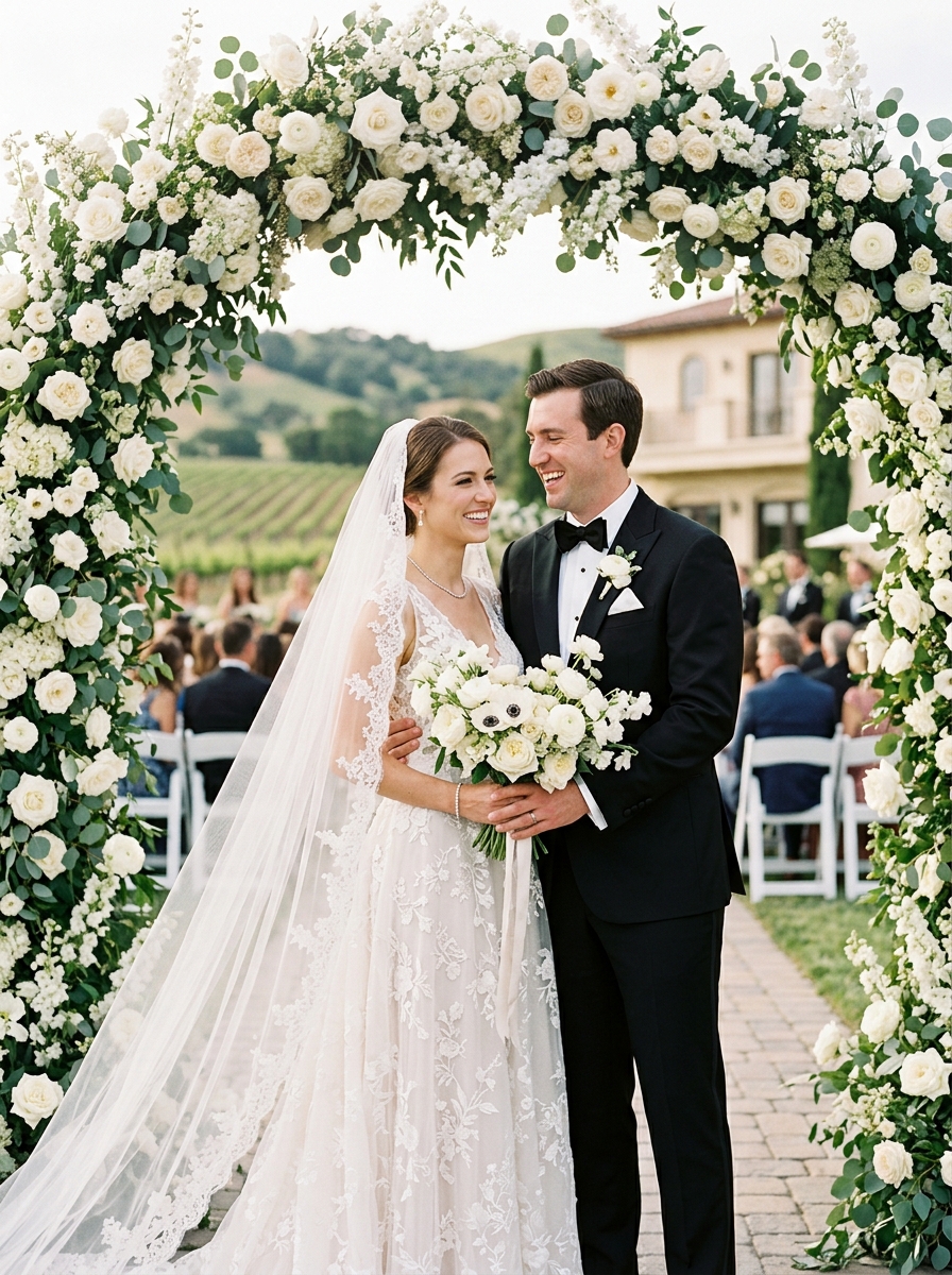 Joyful bride and groom under bespoke white floral ceremony arch