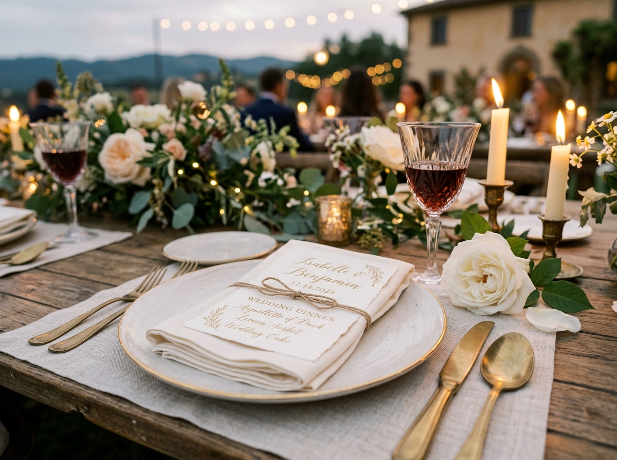 Artisanal dinner place setting with calligraphed menu and fine china